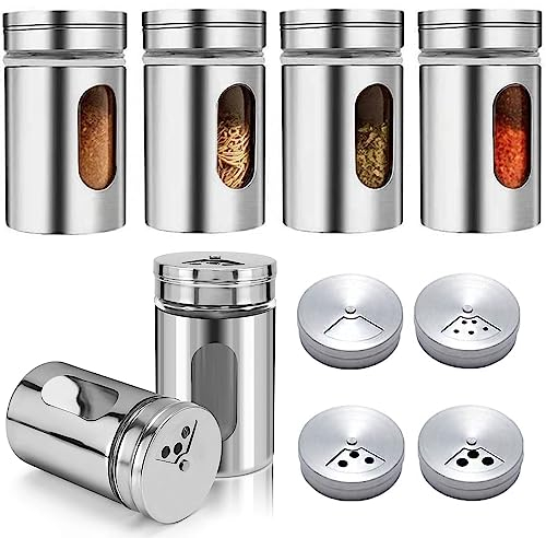 Aiareozy Paquete de 6 saleros y pimenteros, tarros de especias con tapas de coctelera, saleros de vidrio con ajuste de vertido, recipientes de condimentos de acero inoxidable