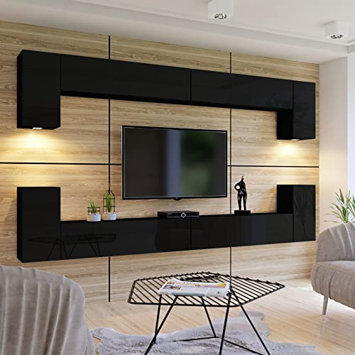 BROMARKT Premium Wohnwand Wohnzimmer Set 8 Teile – Wohnwand Modern - Wohnzimmerschrank Komplett Möbel - Hochglanz Schwarz