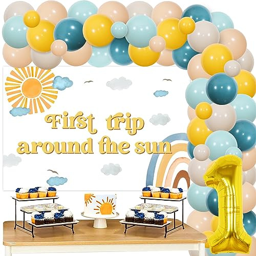 Erste Reise um die Sonne Geburtstagsdekorationen, Boho Sun Ballongirlanden-Kit zum 1. Geburtstag mit Sonnenhintergrund Nummer 1 Folienballon für Sonnenzubehör zum ersten Geburtstag