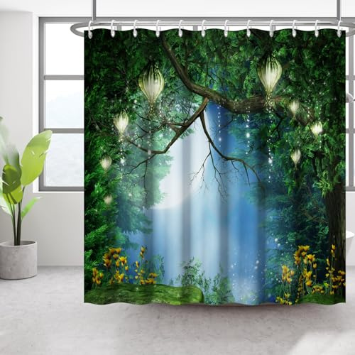 Bovlleetd Foresta ​​Sognante​ Tenda da Doccia 92x183cm Luna Cielo Stellato Atmosfera Natura Silenziosa Lanterne Impermeabile Lavabile in Poliestere Tende da Bagno con 6 Ganci per Vasca da Bagno​