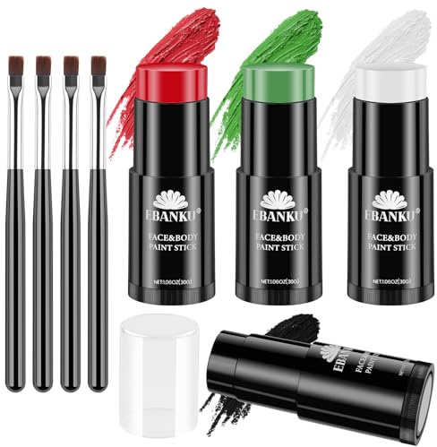 EBANKU Colors Face Body Paint Stick Oil, schwarze Sticks für Sport, Creme Skeleton Joker Mime Foundation Make-up, Gesichtsbemalungsset für Halloween, Kostümparty (Schwarz, Weiß, Rot und Dunkelgrün)