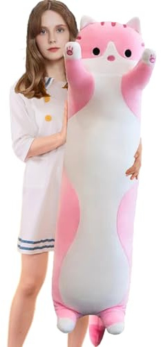 Aiuidun Cuscino lungo in peluche a forma di gatto, morbido cuscino da abbracciare, cuscino imbottito per dormire, regalo per bambini (130 cm, rosa)