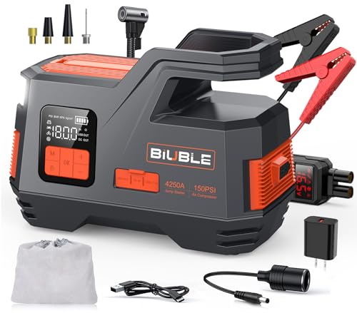BIUBLE Booster Batterie 4250A, Compresseur d'air 150PSI avec Gonflage Rapide, Gonfleur Pneus Voiture, 12V Démarreur de Voiture (Tout Gaz ou 10L Diesel), Banque d'alimentation avec LED 400 Lumens