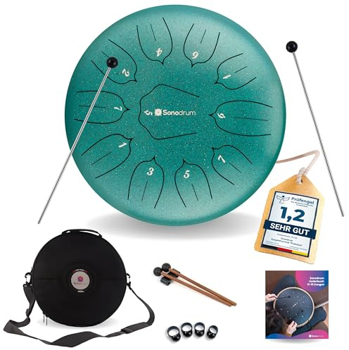 Sonodrum Zungentrommel Standard C - Dur in Grün - 30 cm groß mit 11 Tönen - Steel Tongue Drum inkl. Liederbuch, Schlägel, Fingersticks und Tragetasche - Notenlesen nicht nötig, einfach zu spielen.