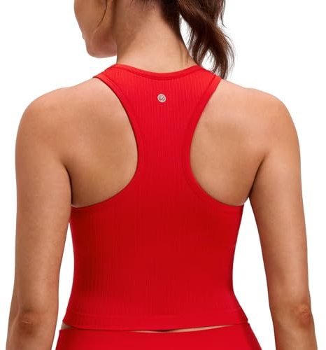 CRZ YOGA Seamless Ribbed High Neck Crop Tank Tops for Women - Longline Racerback Padded Sports Bras Deep Red Medium