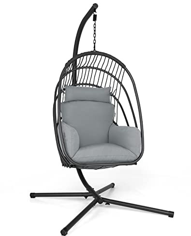 COSTWAY Swing Egg Chair with Stand, Foldable Rattan Hanging Chair with Soft Cushion and Head Pillow, Indoor Outdoor Hanging Egg Basket Seat for Garden Patio Yard Living Room (Grey)