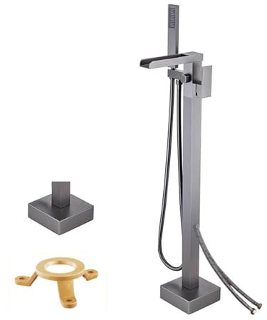 BiaoTeng Badewannenarmatur FüR Freistehende Badewanne Wasserfall 2 Funktionen Einhebelmischer mit Handbrause 150 cm Schlauch Badewannenarmatur Set, Grau