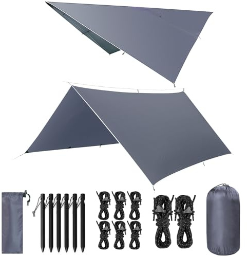 VOSOIR Tarp 3x3M Wasserdicht, Ultraleicht Camping Zeltplane, mit 9 Öse+6 Aluminiumstifte+8 Nylonseile, Anti-UV Schnee Regen Schutz, Leicht Kompakt, für Hängematte Camping Picknick(Graublau)