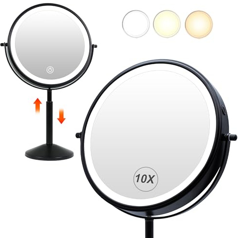 TUSHENGTU 9 kosmetikspiegel mit Beleuchtung, schwarzer 10X Vergrößerungsspiegel, Höhenverstellung LED wiederaufladbar Tisch Kosmetikspiegel(940B10X)