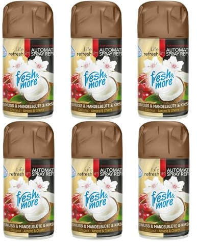 Fresh & More Lufterfrischer Nachfüller Kokos&Kirsche 250ml (6er Pack) | Raumduft-Spray-Nachfüller, kompatibel mit Freshmatic Max, süß-fruchtiger Kokos-Kirschduft