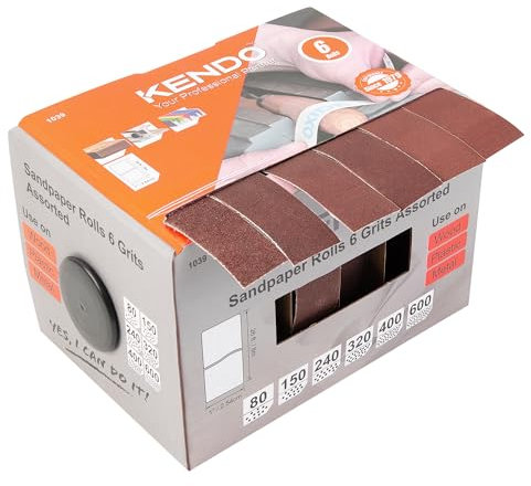 KENDO Rollo de tela de esmeril, rollo de papel de lija de grano 6, papel de lija surtidos, incluyendo 80, 150, 240, 320, 400, 600 granos, 8 m para carpintería, automoción, pulido de metales