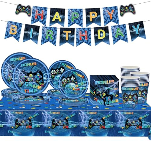 70Pc Party Game Tableware Set,Blue Party Game Happy Birthday Banner with Video Games Napkins Paper Plates Cups and Blue Games Tablecloth,GameTheme Dinnerware Kit for Boys Girls Kids GameParty Décor