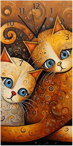 Wallario Design-Wanduhr Malerisches Katzenduo aus Glas, Motiv-Uhr Größe 30 x 60 cm, Schwarze Zeiger