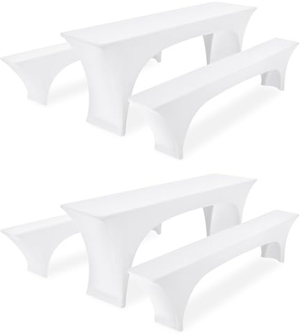 FXKS Stretchhussen Set 6tlg. 2 Biertisch + 4 Bierbank Hussen Weiße | Für 2 Bierzeltgarnituren, 220 x 50 x 70 cm, Elastisch und Waschbar, mit Fußtaschen für Party und Bankett