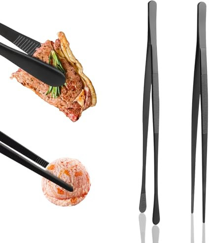 2PCS Cooking Tweezers Tongs, 30cm Stainless Steel Kitchen Tweezers Cooking Tongs, Black Long Tweezers Precision Serrated Tips Kitchen Tools for Serving Plating BBQ Baking Cake Decorating