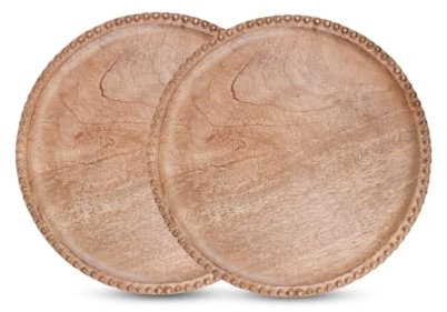 Juego de 2 cargadores de madera natural para platos de cena, manteles individuales decorativos de 13 pulgadas con cuentas redondas de madera para decoración de mesa de comedor, boda, fiesta, reunión