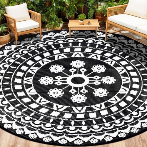 Capslpad Tapis d'extérieur bohème rond 240 cm, imperméable, tapis de patio réversible, natte de pique-nique portable, résistant aux UV, tapis en paille plastique, tapis rond intérieur/extérieur pour
