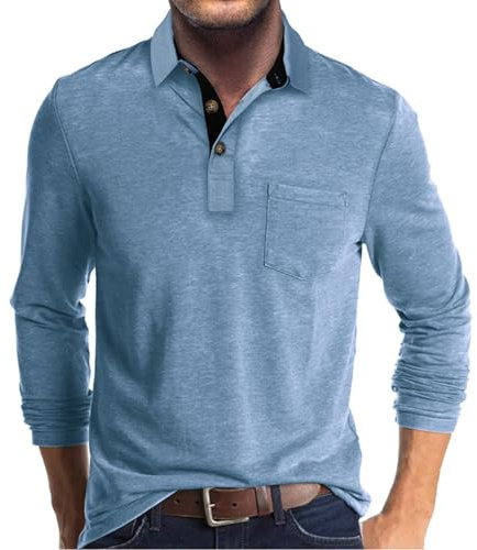 Polo de Manga Larga para Hombre, Estilo Casual, con Botones, de algodón, con Cuello y Bolsillo, para el Trabajo