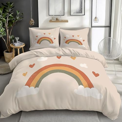 CozyRest Copripiumino 260 x 240 cm Matrimoniale Reversibile Policotone con Stampa Stile Bohemien Arco Cuore, Set Biancheria da Letto da 3 Pezzi con Cerniera e 2 Federe 50 x 80 cm, Beige