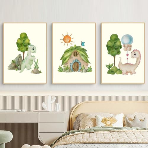 Ueiwffzo 3er Poster Set Bilder Kinderzimmer Dinosaurier, Dino Deko Kinderzimmer, Dinosaurier Babyzimmer Deko Leinwand Bilder, Wandposter, Ohne Rahmen (A,30x40cm)