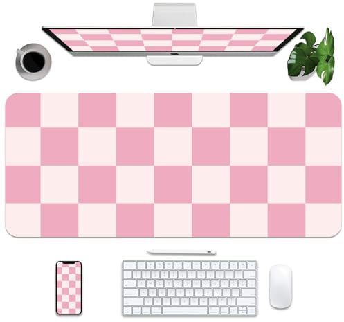 BLESWIN Alfombrilla de Escritorio de Cuero Pu Antideslizante, 90x40CM Alfombrilla Ordenador Grande, Tapete Escritorio- Adecuado para Protector de Escritorio en Escuelas, Oficinas u Hogares(Plaid Rosa)