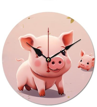 ZLFDSKGY Decorative Wooden Modern Wall Clock Non Ticking Wall Clock Cute Pig Round Battery Operated Clock for Bathroom Kitchen Bedroom Living Room Black 11.8 in