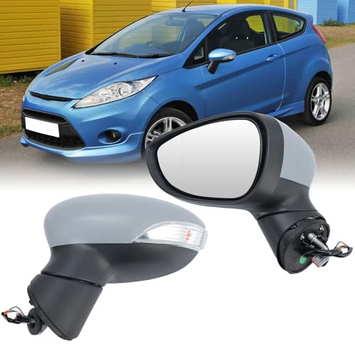 Außenspiegel Links elektrisch verstellbar beheizt, 8-Pin Anschluss, passend für Ford Fiesta MK7 2008-2012, grundierte Abdeckung Manuell einklappbar mit Blinker