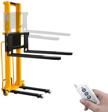Electric Pallet Stacker Electric Forklift Capable of Boarding Trucks Pallet Lift 1300lbs Capacity 63 Lifting Height Material Lift with Fixed Legs (Width Adjustable, 63 Lifting)