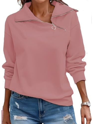 Cuptacc Sudadera Mujer Otoño Camiseta Manga Larga 1/4 Cremallera Pullover | Otoño,Invierno,Primavera,Cuello Alto,Cuello en V,Casual,Elegante,Cremallera,Color Puro,Basica,Moda,Classics