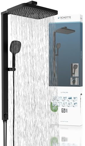 SCHÜTTE 60686 LA PALMA Système de douche avec colonne de douche à effet pluie, pommeau de douche en acier inoxydable 36 x 24 cm, sans robinetterie, noir