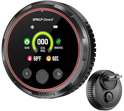 Plug-in 5en1 Combo Detecteur de Fumée et Monoxyde de Carbone et Détecteur de Gaz avec Batterie 1000mah & HD L'écran [Co Fumee Temp Humidité Alarme] pour Familial Voyage, HD13-CGS