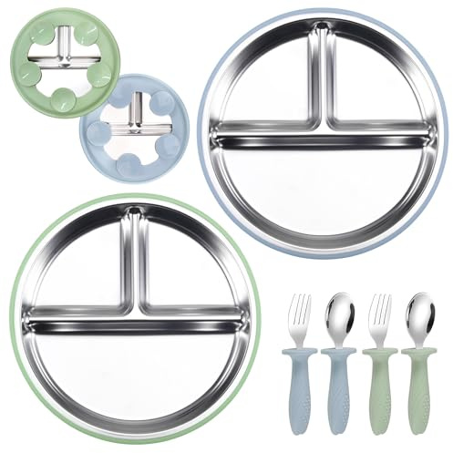 Nilioyul 2 Stück Edelstahl Baby Teller mit 5 Saugnapf, 2er-Pack Löffel und Gabeln, Kleinkindutensilien, Baby-Fütterungsset, Geteilte Abnehmbarem Silikon-Ärmel für Led Weaning, BPA-frei（Blau und Grün）