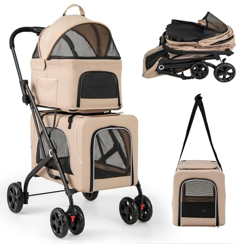 COSTWAY Double Couche Poussette Chien Chat, Poussette 3-en-1 Pliable pour 2 Animaux, 2 Cages Détachables, Ceinture de Sécurité, Poches Latérales, Oxford Respirant, Coussins Amovibles (Beige,Style 10)