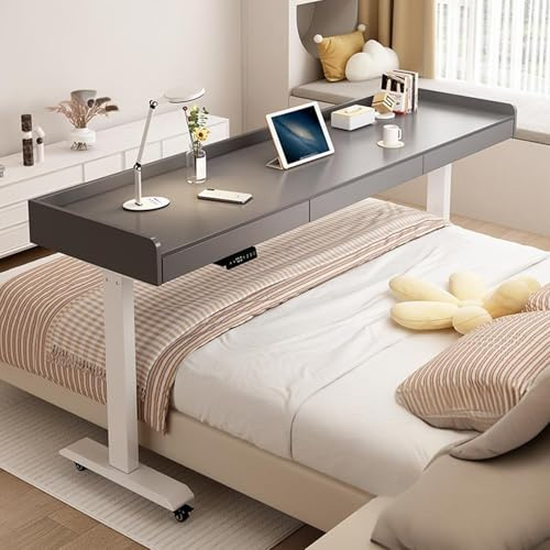 Scrivania da letto regolabile in altezza con ascensore elettrico, in legno massello, tavolo portatile su ruote per studio, lavoro, colazione a letto, grigio A, 130 cm