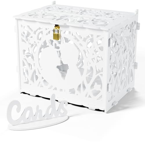 Jolik Grande Scatola Porta Buste Matrimonio in Legno, Vintage Scatola di Carte di Nozze per Biglietti con Serratura per Anniversario, Laurea, Baby Shower (Bianco)