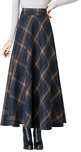 Falda midi a cuadros para mujer con bolsillos, cintura alta elástica, diseño vintage de línea A para otoño e invierno, 1b-azul oscuro, M