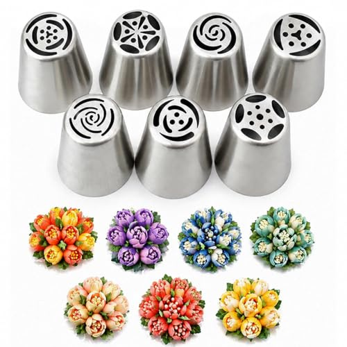 Tumtanm 7 Pcs Large Russian Piping Tips Set, Stainless Steel Flower Frosting Nozzles, One-Press Cake Decorating Tips for Buttercream, Cupcakes, Cakes– Dishwasher Safe