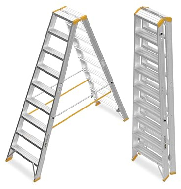 XM-Systeme® Alu-Stufenstehleiter 2 x 9 Stufen – rutschfeste, stabile Trittfläche nach TRBS 2121-2, kompakte Slide-Stop-Stufen – Profi Stehleiter für Industrie & Handwerk - GS-geprüft - Trittleiter