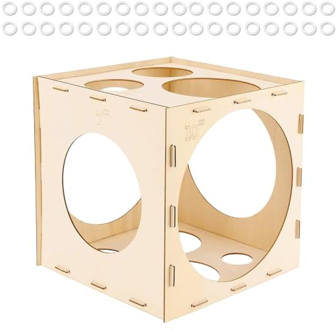 LUFEIS Wood Balloon Sizer Box, 9 Holes Collapsible Wood Balloon Sizer Cube from 2 to 10, Balloon Measurement Tool with 36 Rubber Bands for Birthday, Wedding, Party Decorations
