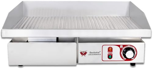 Beeketal Elektro Gastro Grillplatte BGP-c – 3000 Watt, Gerillte Grillfläche aus A3 Carbonstahl (550 x 350 mm), Edelstahlgehäuse, Stufenloser Thermostat 50–300°C, inkl. Fettauffangbehälter