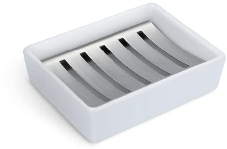 Portasapone, piatto in ceramica supporto in acciaio inossidabile scatola per sapone, doppio scarico, portasapone rettangolare creativo, porta sapone da bagno