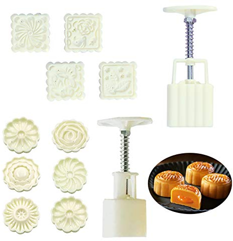 NewWe 2 Sets Mooncake Mold Press mit 10 Briefmarken, Ausstechformen Hand presse Mooncake Form, Runde Blume und quadratische Blume Dekoration Werkzeuge zum Backen DIY Kuchen Keks Dessert, Weiß 12 stück