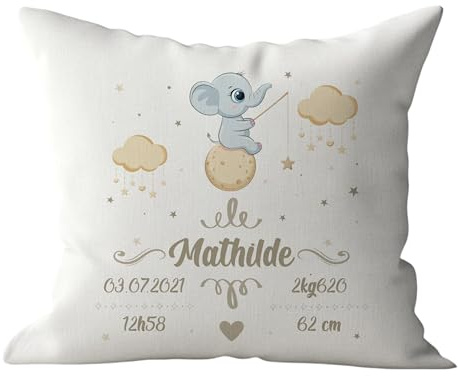Coussin personnalisé naissance bébé 40x40 cm – Housse satinée ou mate avec prénom ou informations de naissance – Cadeau naissance original fille garçon – Décoration chambre bébé éléphant lune