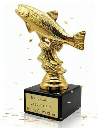 Zelaro Angler Pokal mit Gravur Wunschtext | Angeln Geschenk | Fischfigur als Pokal in Gold | Trophäe für Angler | Wanderpokal fürs Angeln | Pokal Gold mit Gravur | Fisch als Design Trophy