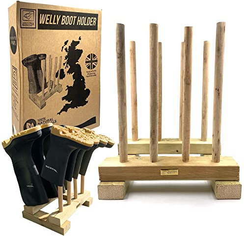 Welly Boot Rack, Wooden Welly Stand Boots Storage for Wellington, Hiking Shoes & Walking Boots, Heavy-Duty and Durable Floor-Mounted Wellie Boot Rack Outdoor, 4-Pair Boot Stand