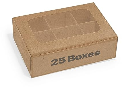 Modsy Baking - 25 pcs Kraft Mini Truffle Box for 6 treats with Window and Dividers, Bakery Boxes, 5 x 3.5 x 1.57 Inches VERY SMALL Baking Boxes, Square Truffles Box Decorating Supplies for Gift Giving
