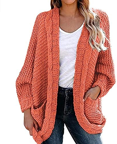 Mujer Elegante Chaqueta de Punto con Bolsillos Mujeres Otoño Invierno Manga Larga Ligero Cárdigan Color Sólido Cálido Abrigo de Punto Grueso, naranja, L