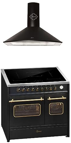 GURARI Induktions-Standherd E 913 DF RU BL+GCH 046 Bl 9, Retro Elektro Standherd 90 cm, Range Coocker mit FLEX Induktion+Dunstabzugshaube 90 cm