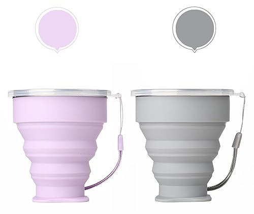 Voarge Faltbarer Reisebecher, 2-teiliger Silikonbecher mit Deckel, erweiterbares Trinkbecher-Set, geeignet für Camping und Wandern (Lila, Grau)