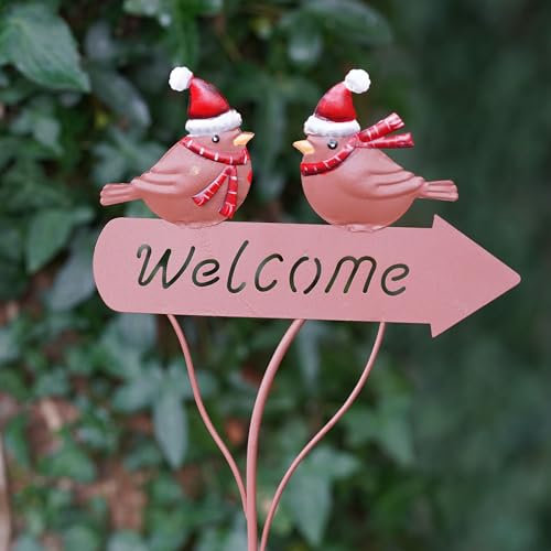 Robin Welcome Christmas Stake | Metal British Garden Bird Statue Ornament Tin Robin on Stick Gift Loved Ones
